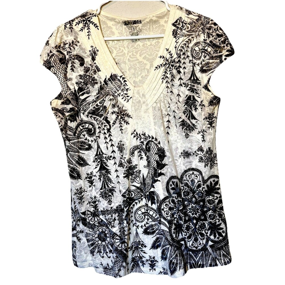 Y2K Love Amour Women’s SOFT USA WHITE  & BLACK FLORAL BURNOUT  SHIRT L USA